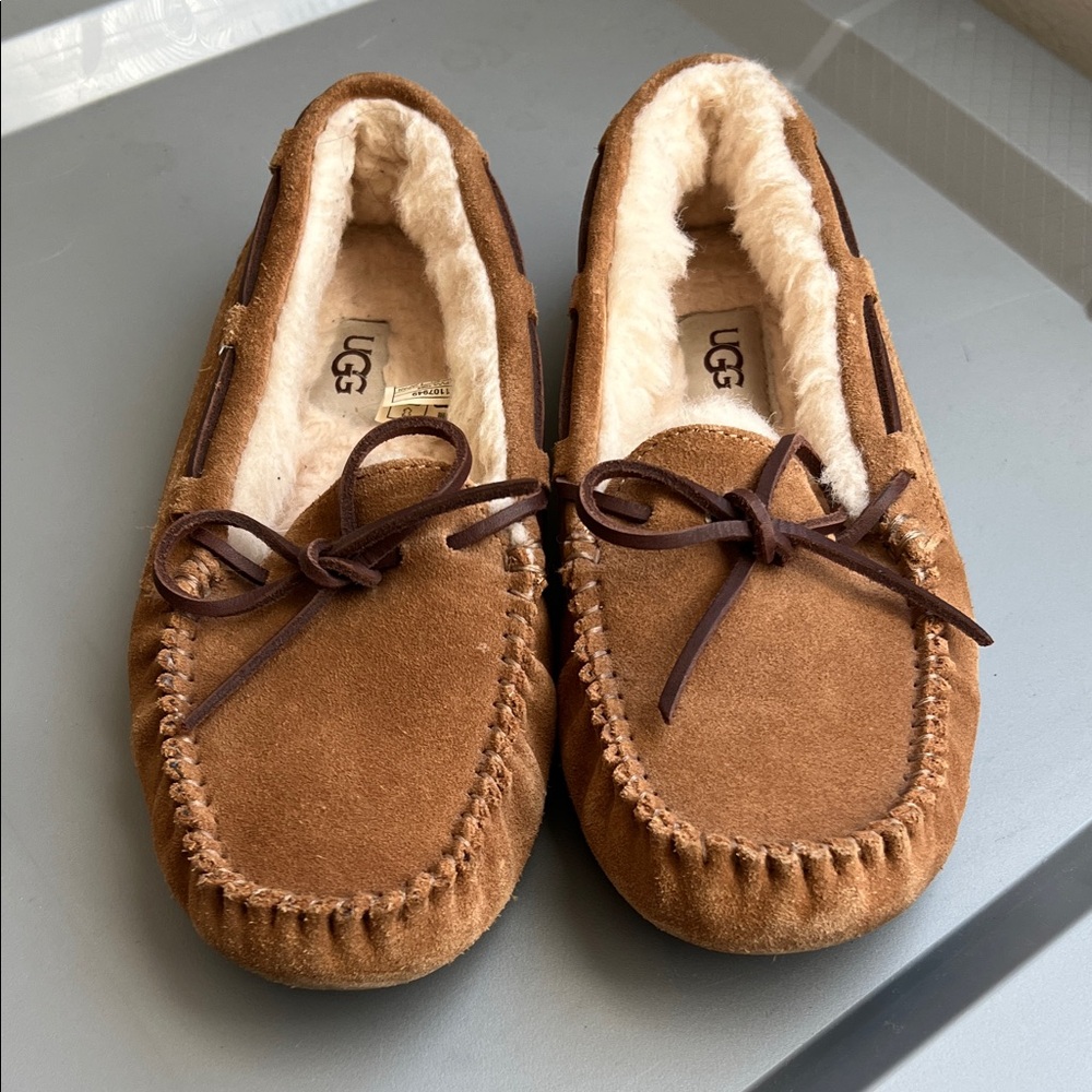 UGG Chestnut Brown Suede Shearling Moccasin Slippers